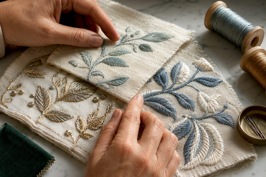 Close-up of contrasting embroidered thread textures