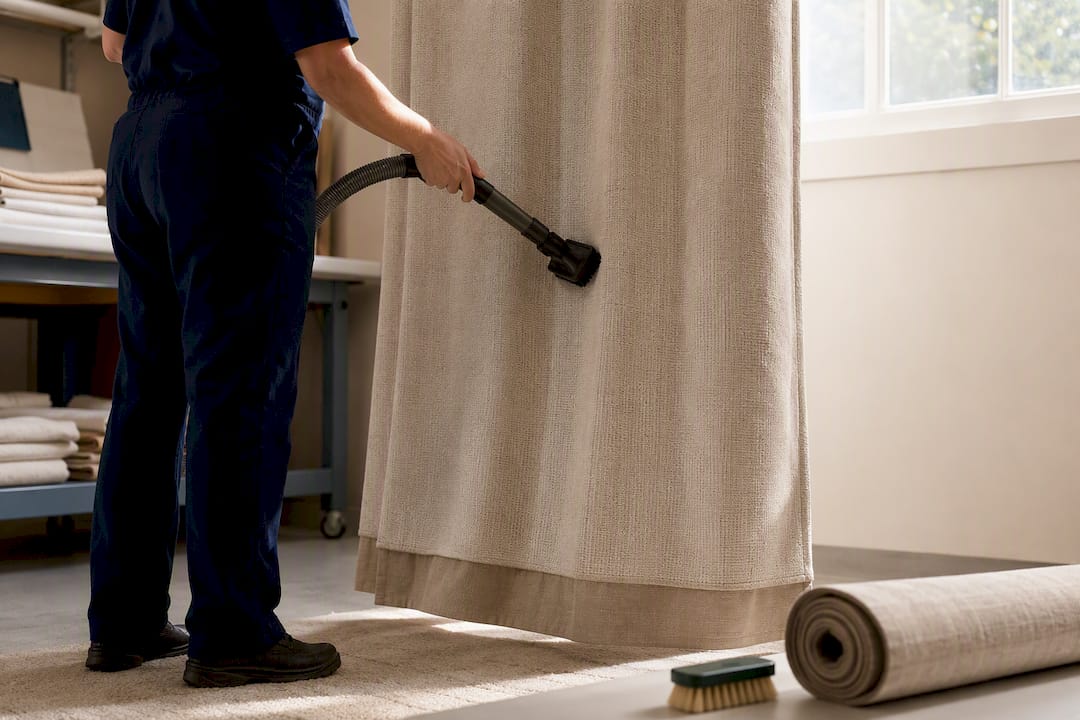 Professional gently vacuuming an interlined curtain panel