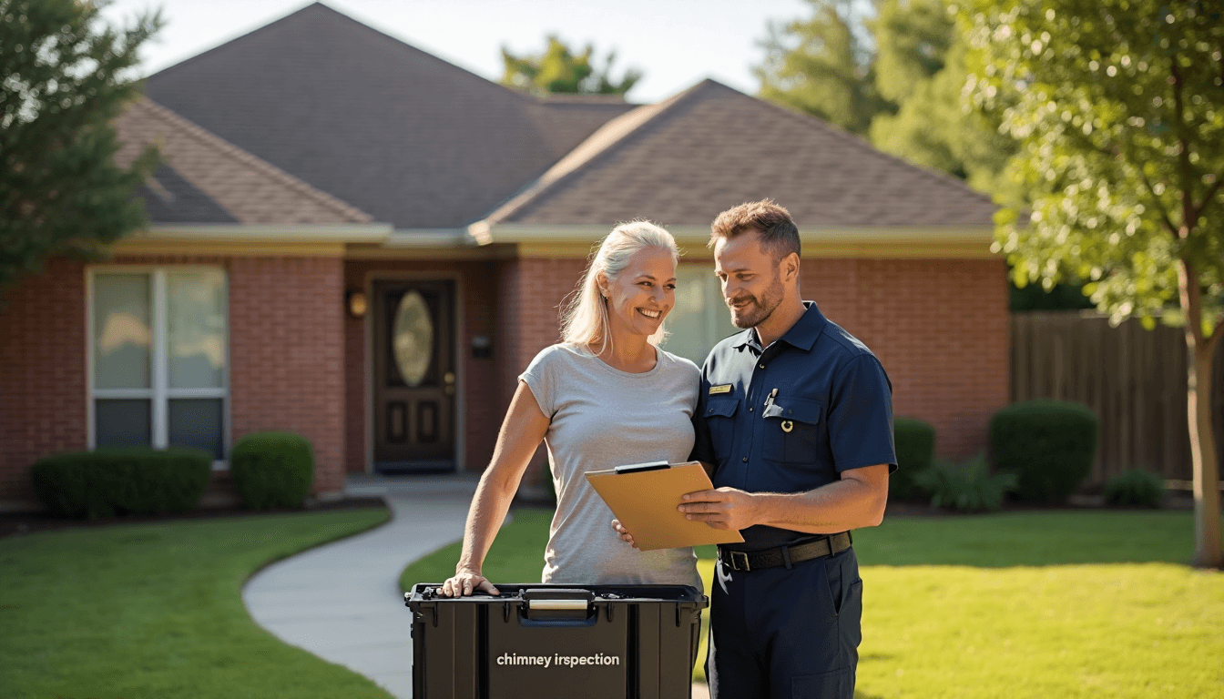 Texas homeowner with chimney inspector outside brick house