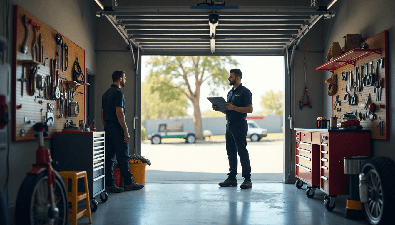 Technician assessing garage door panel in sunlit home garage