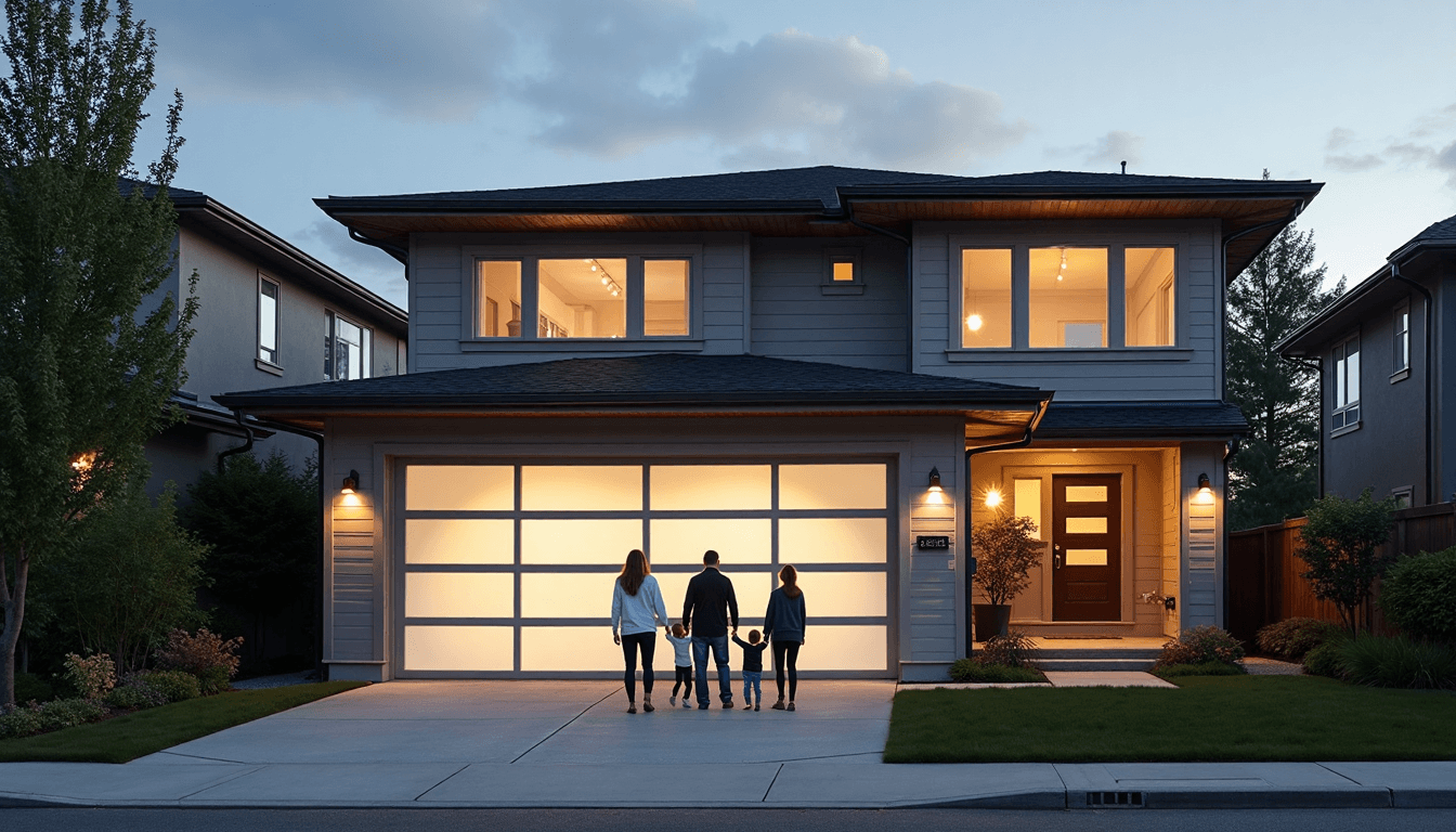Family outside Seattle home near modern garage door at sunrise