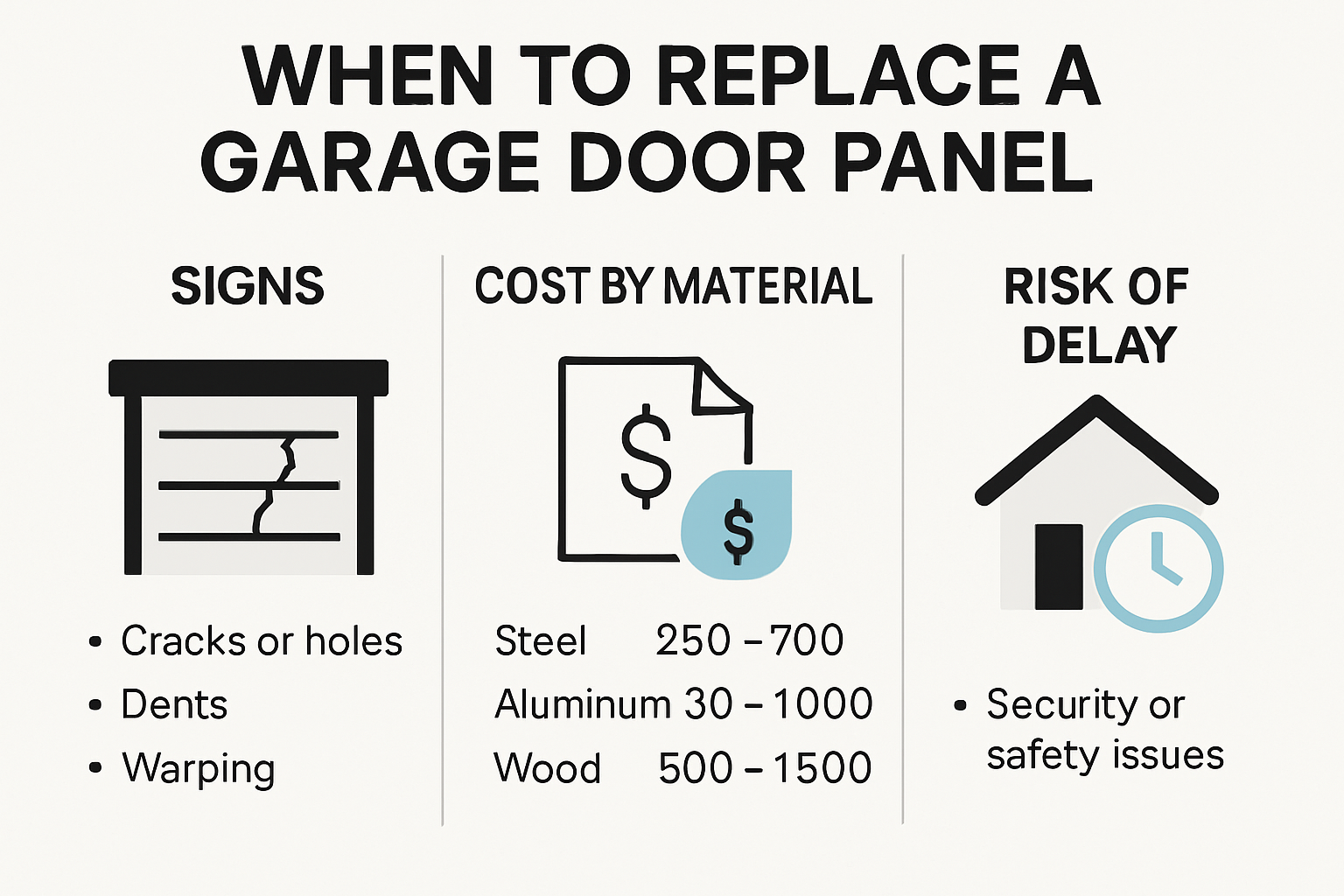 Infographic on garage door panel replacement warning signs and costs