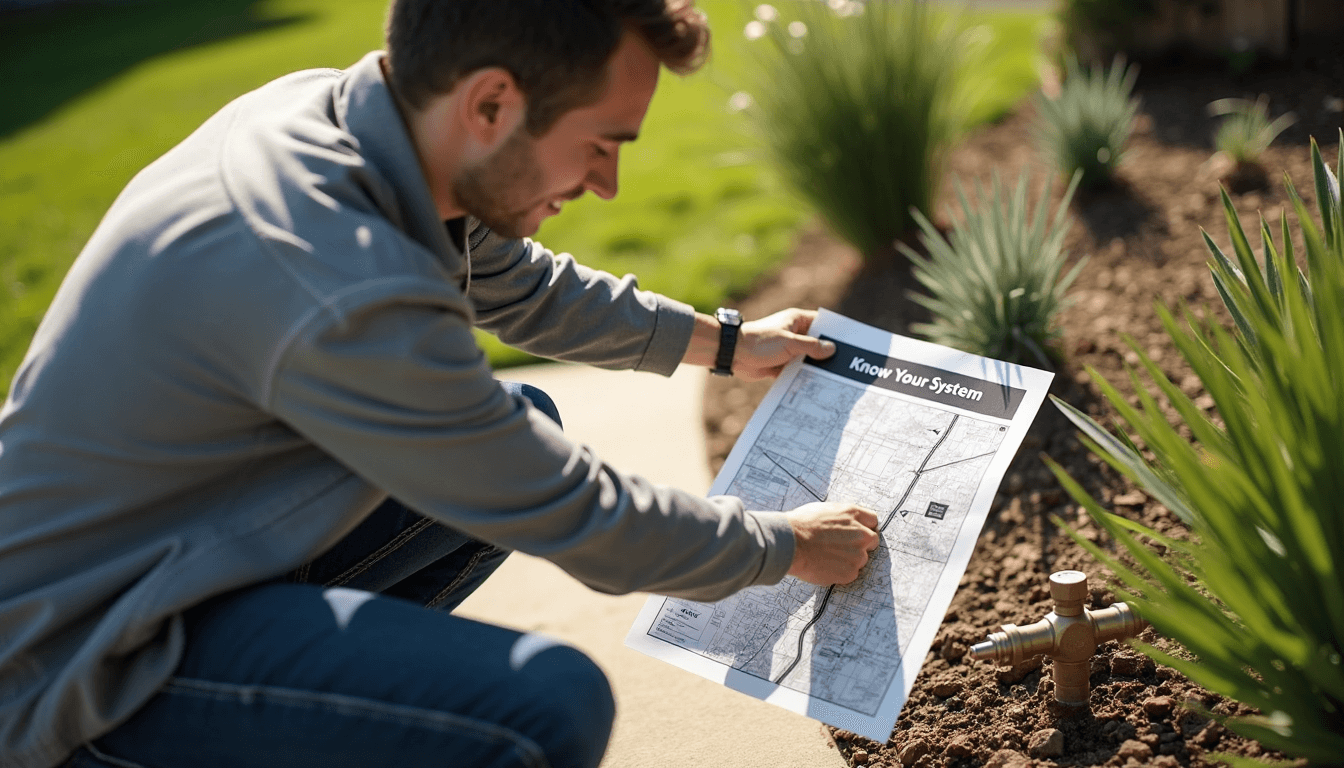 Homeowner with yard shut-off valve and labeled plumbing map