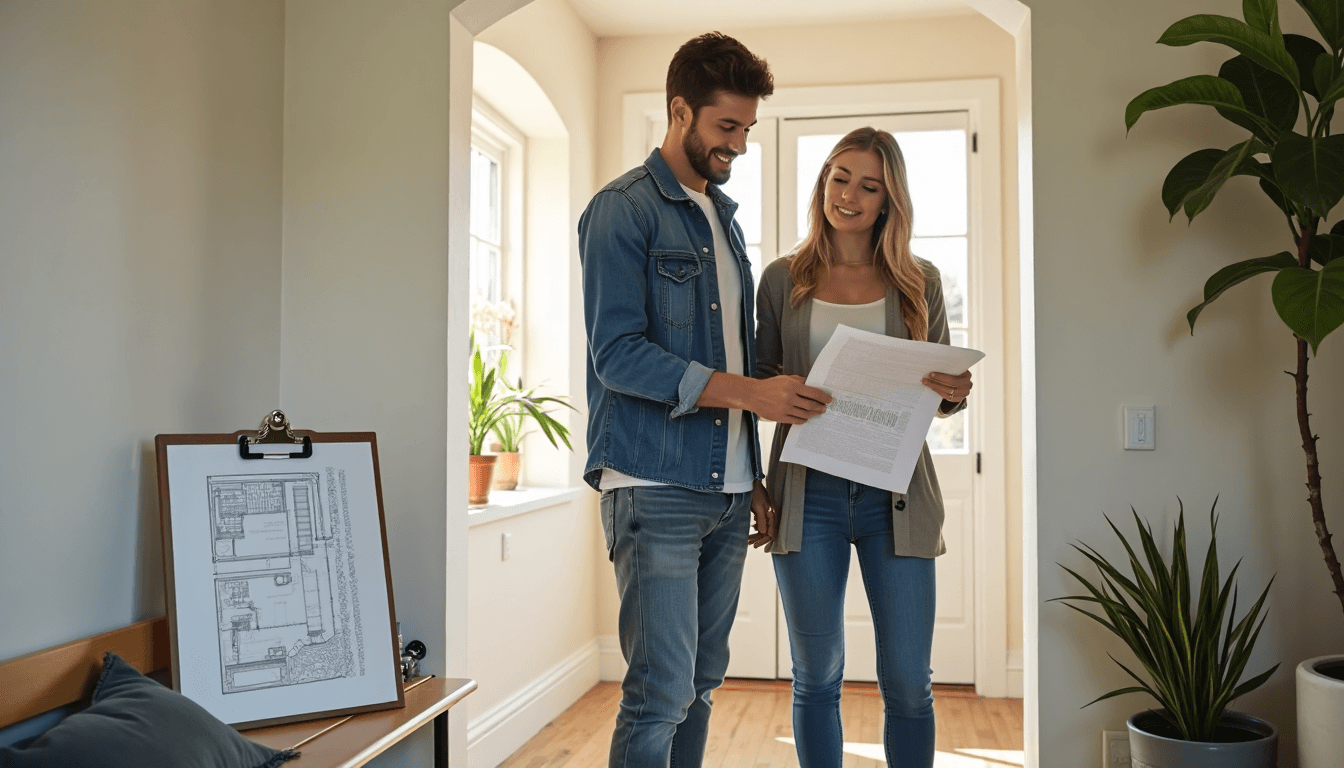Couple checking Sacramento home plumbing with branded clipboard