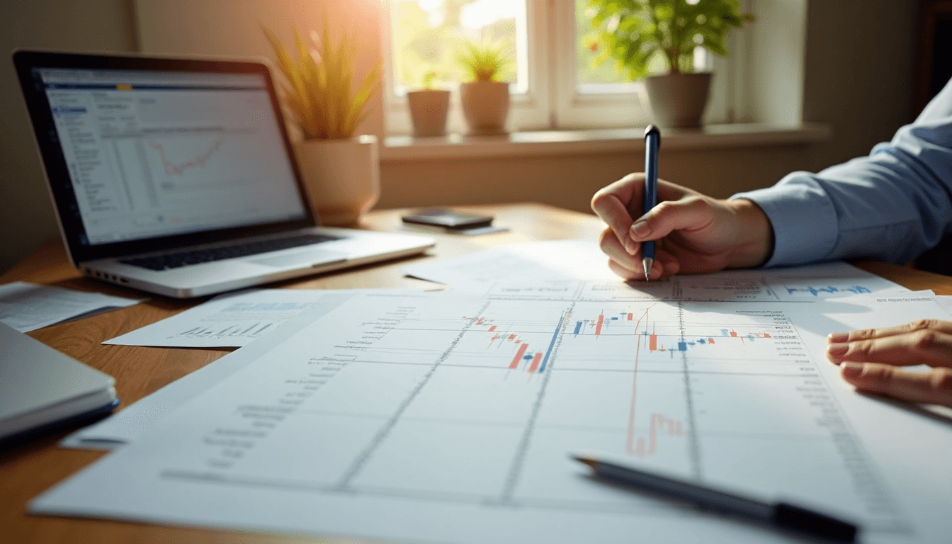 Hand marks chart patterns for gold trading analysis