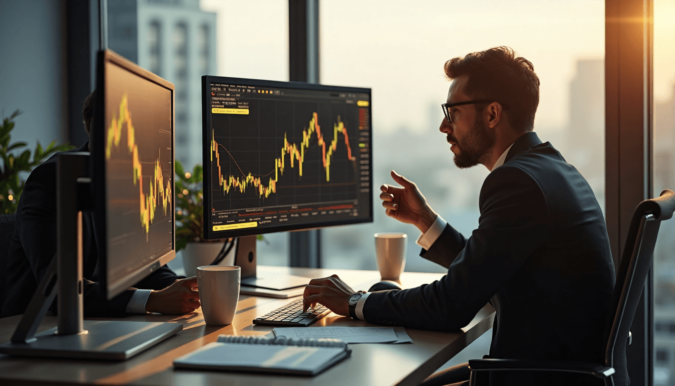 Traders analyze gold charts in bright modern office