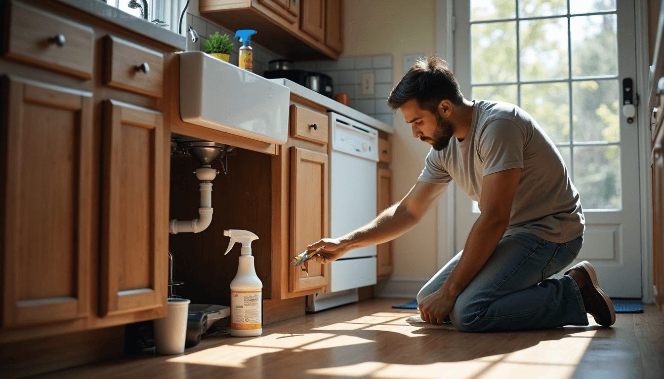 Homeowner checking pipe leak under kitchen sink daylight