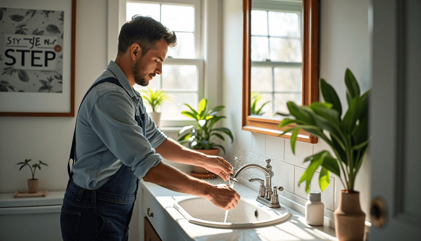 Person plunging bathroom sink with water splashing