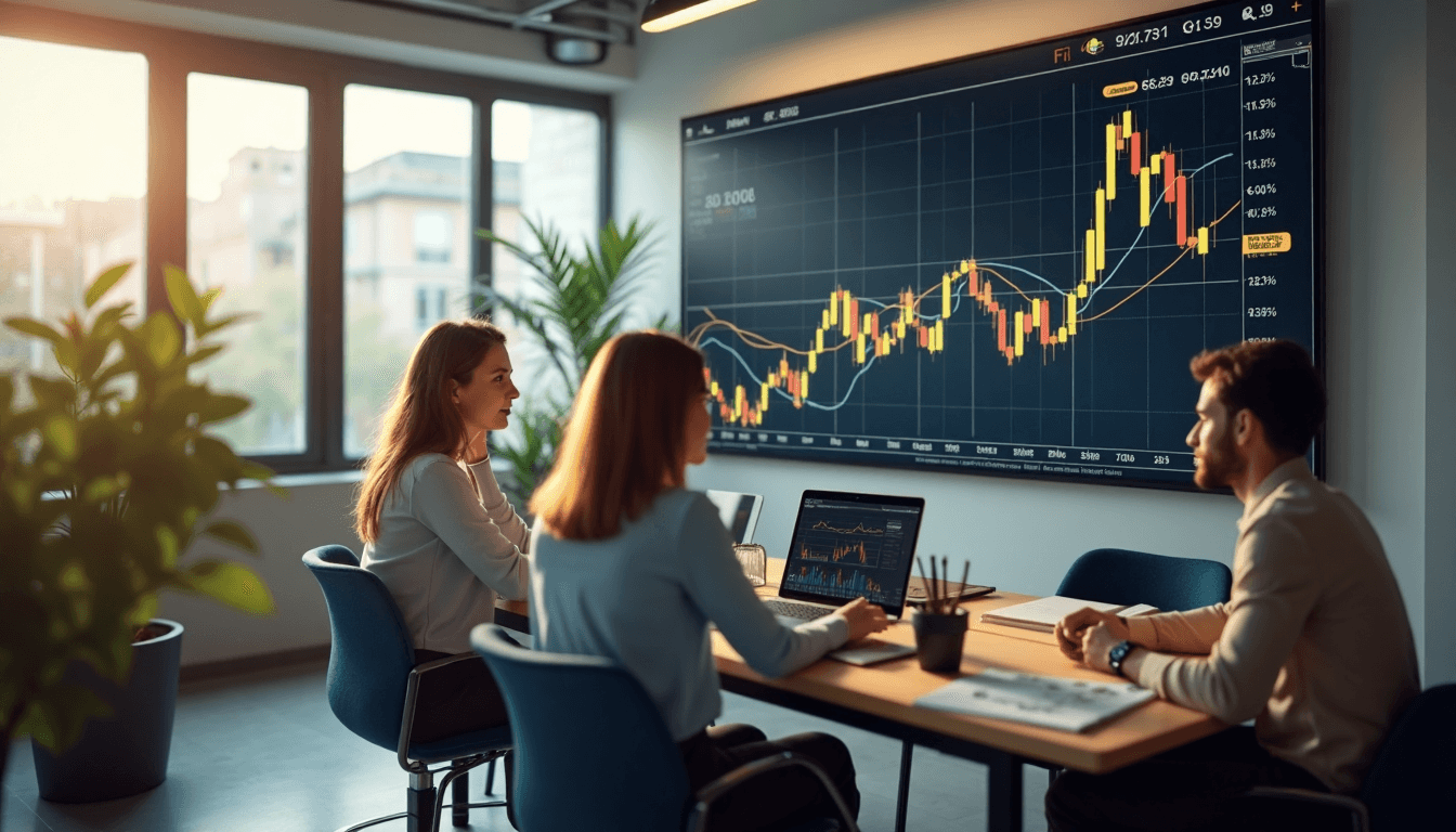 Professionals analyzing gold price charts in bright trading office