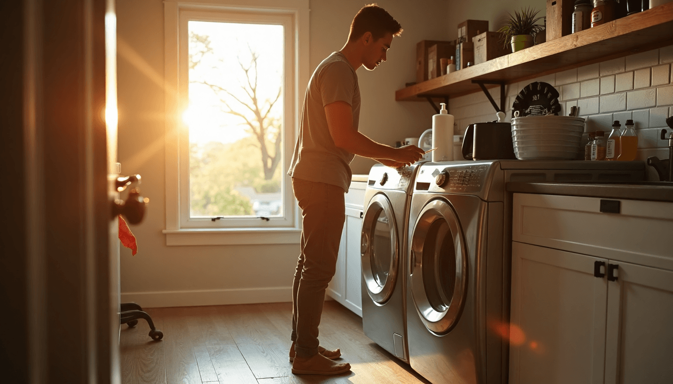 Homeowner prepping dryer vent cleaning in sunlit Texas laundry room