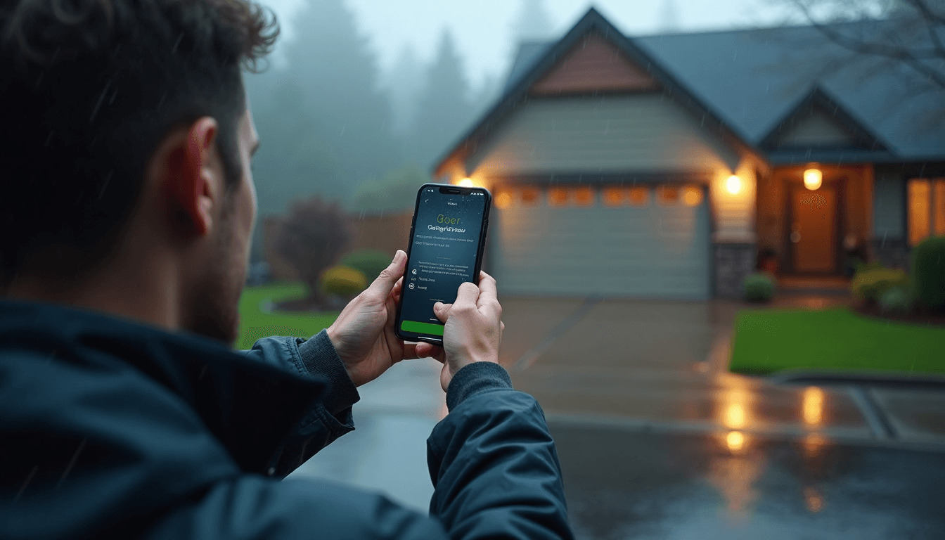 Homeowner using smartphone garage opener on rainy Seattle morning