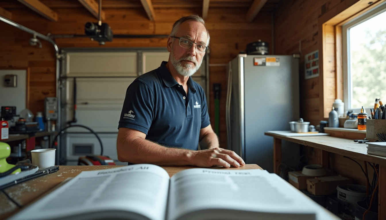 Installer connects weatherproofed garage opener parts in Seattle garage