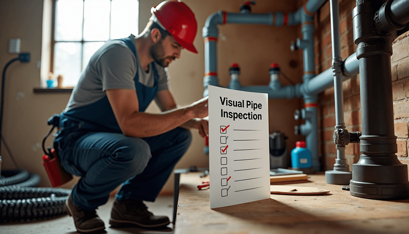 Plumber inspecting PEX and PVC pipes in basement