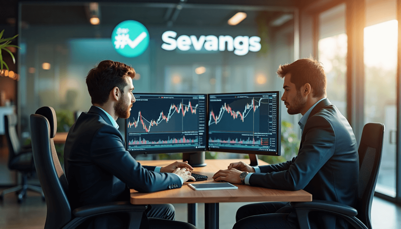 Two traders analyze swing trading charts in a bright office