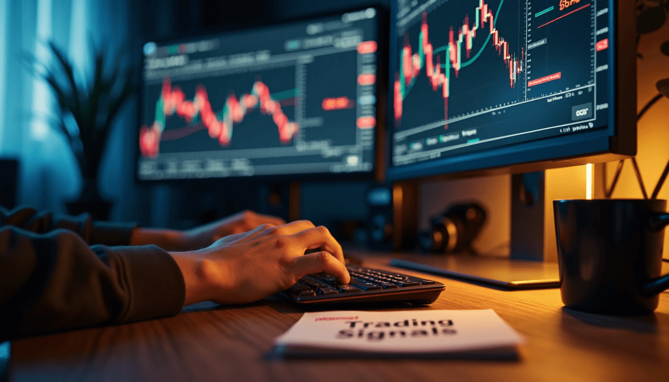 Trading desk at dusk with screens showing signal analysis