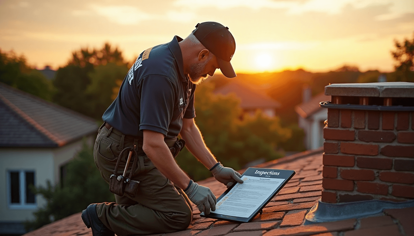 Chimney sweep inspects Texas home rooftop chimney at sunset