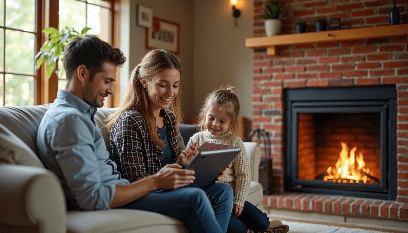 Texas family preparing fireplace in bright living room with chimney