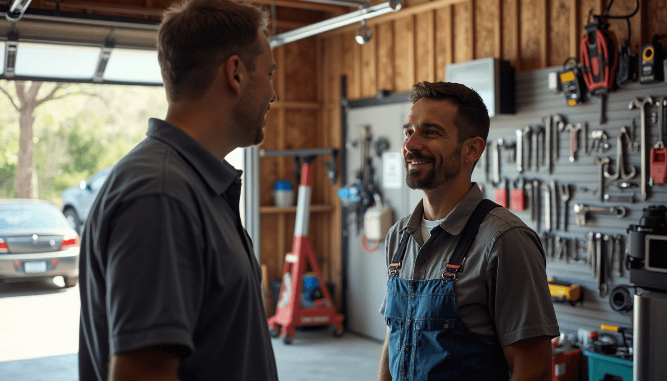 Technician adjusting garage door springs in bright workshop