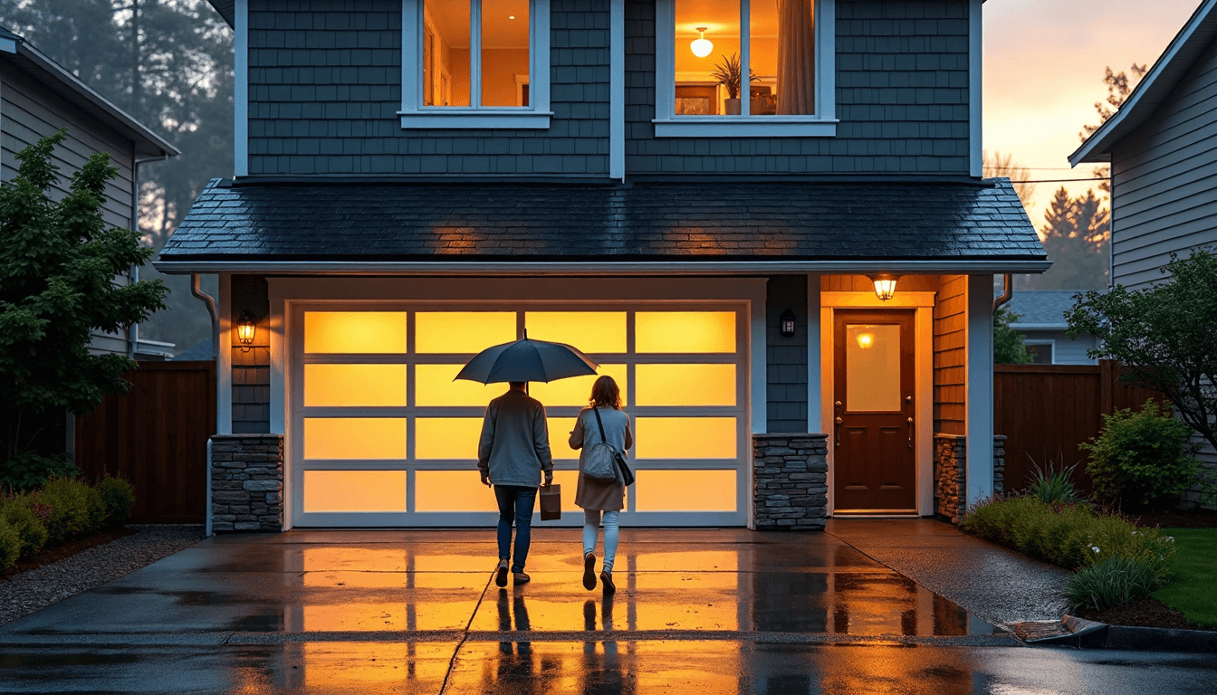 Modern Seattle home with insulated garage door after rain
