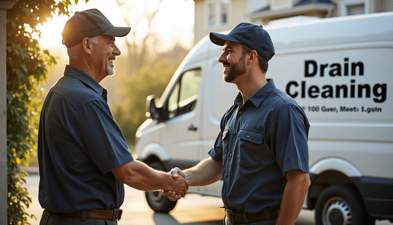 Plumber greets homeowner at sunny doorstep with van branded 'Drain Cleaning'