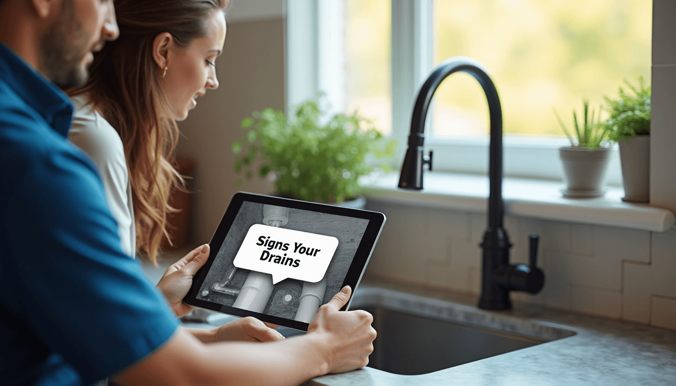 Plumber and homeowner review drain signs on tablet in kitchen