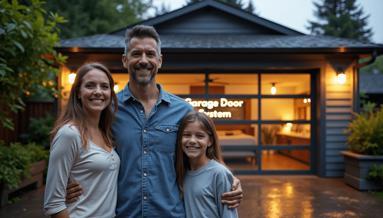 Family outside Seattle garage as modern door opens with signage visible