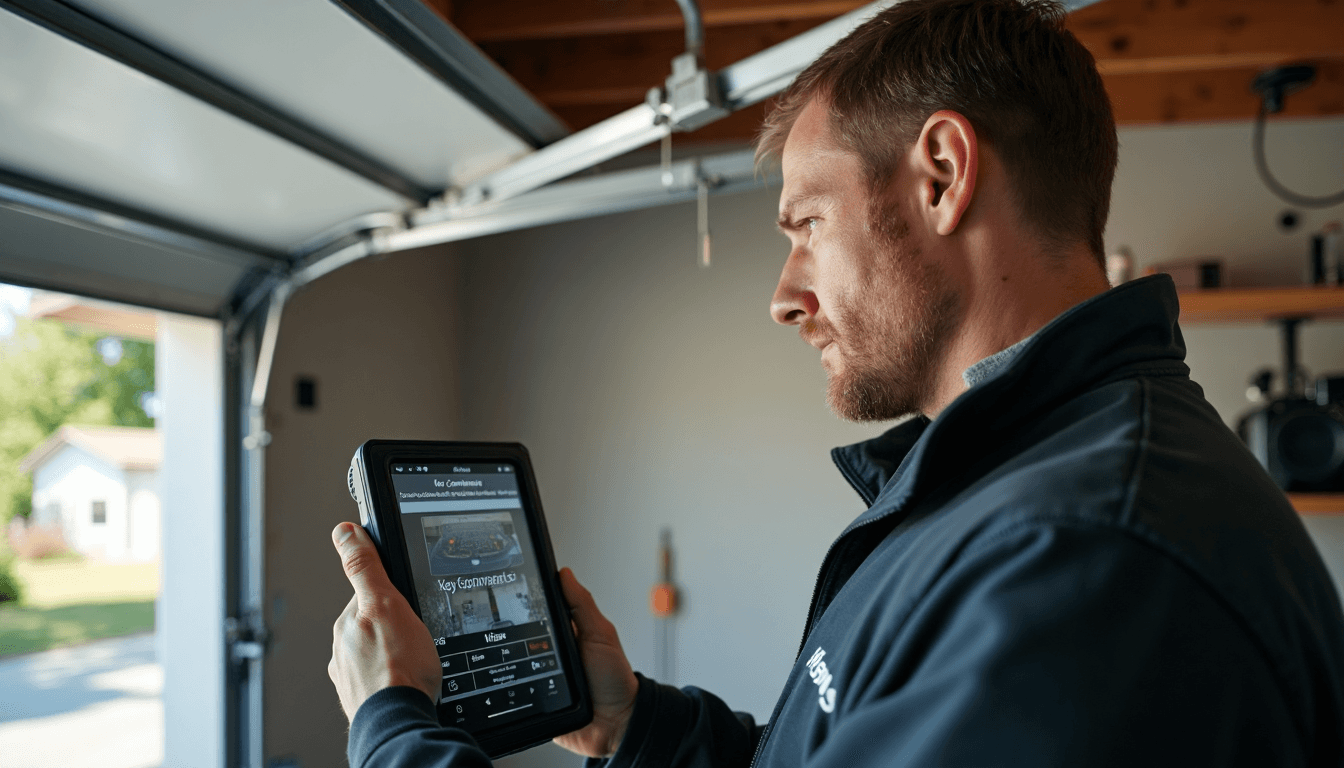 Technician inspects garage door spring and track with labeled tool screen