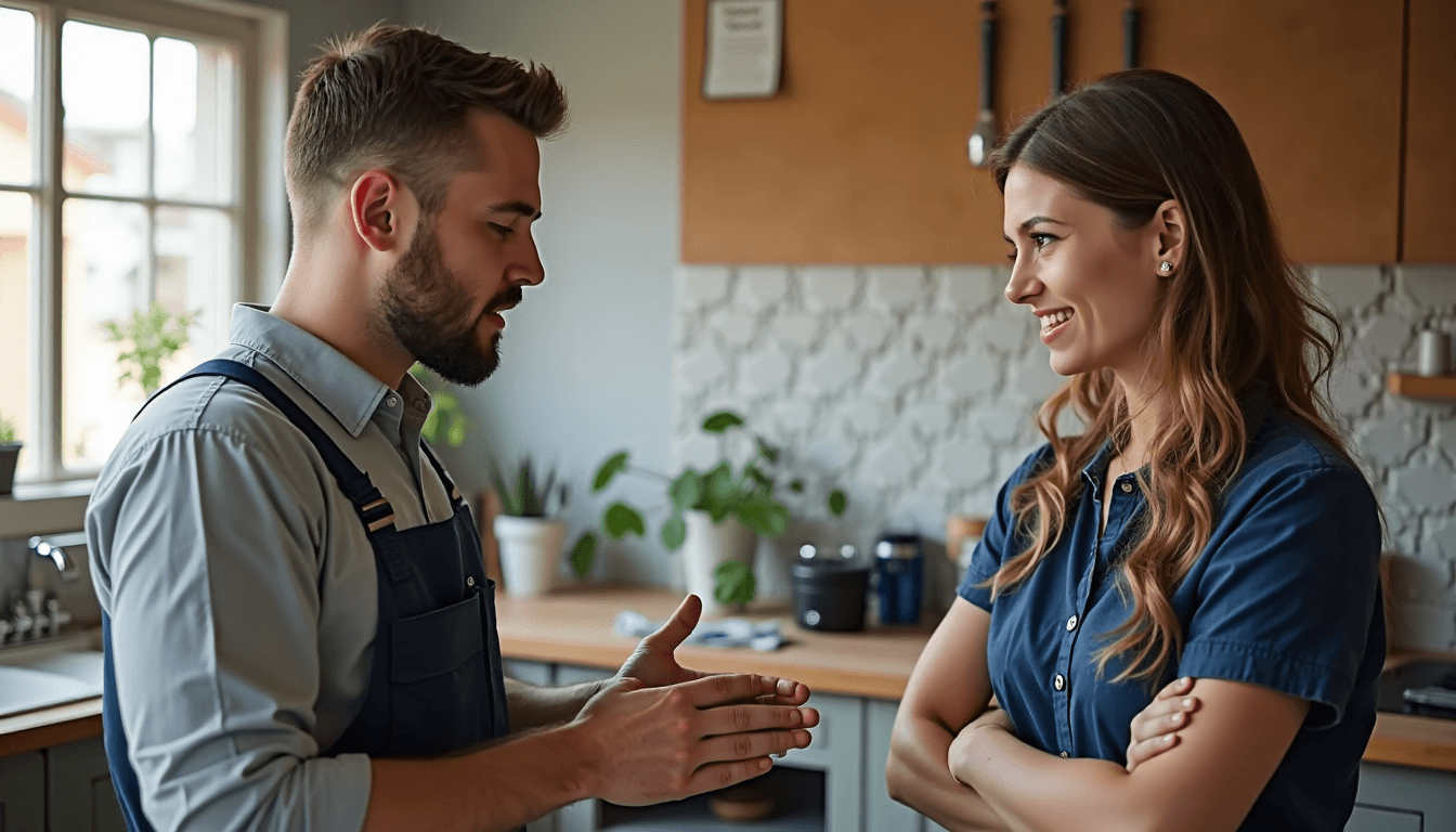 Plumber and homeowner reviewing plumbing maintenance in bright kitchen
