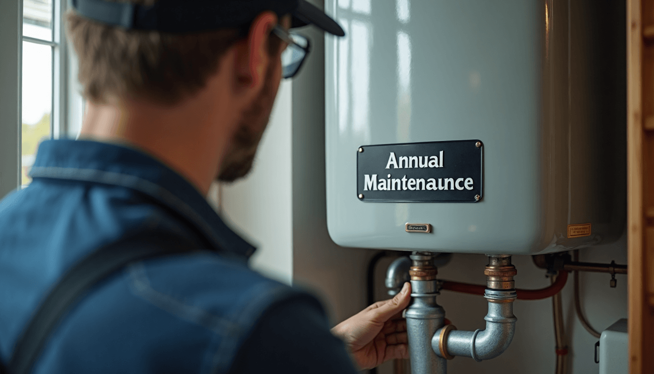 Plumber inspecting pipes with annual maintenance sign visible