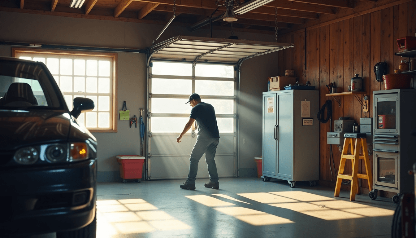 Homeowner performs garage door maintenance with checklist