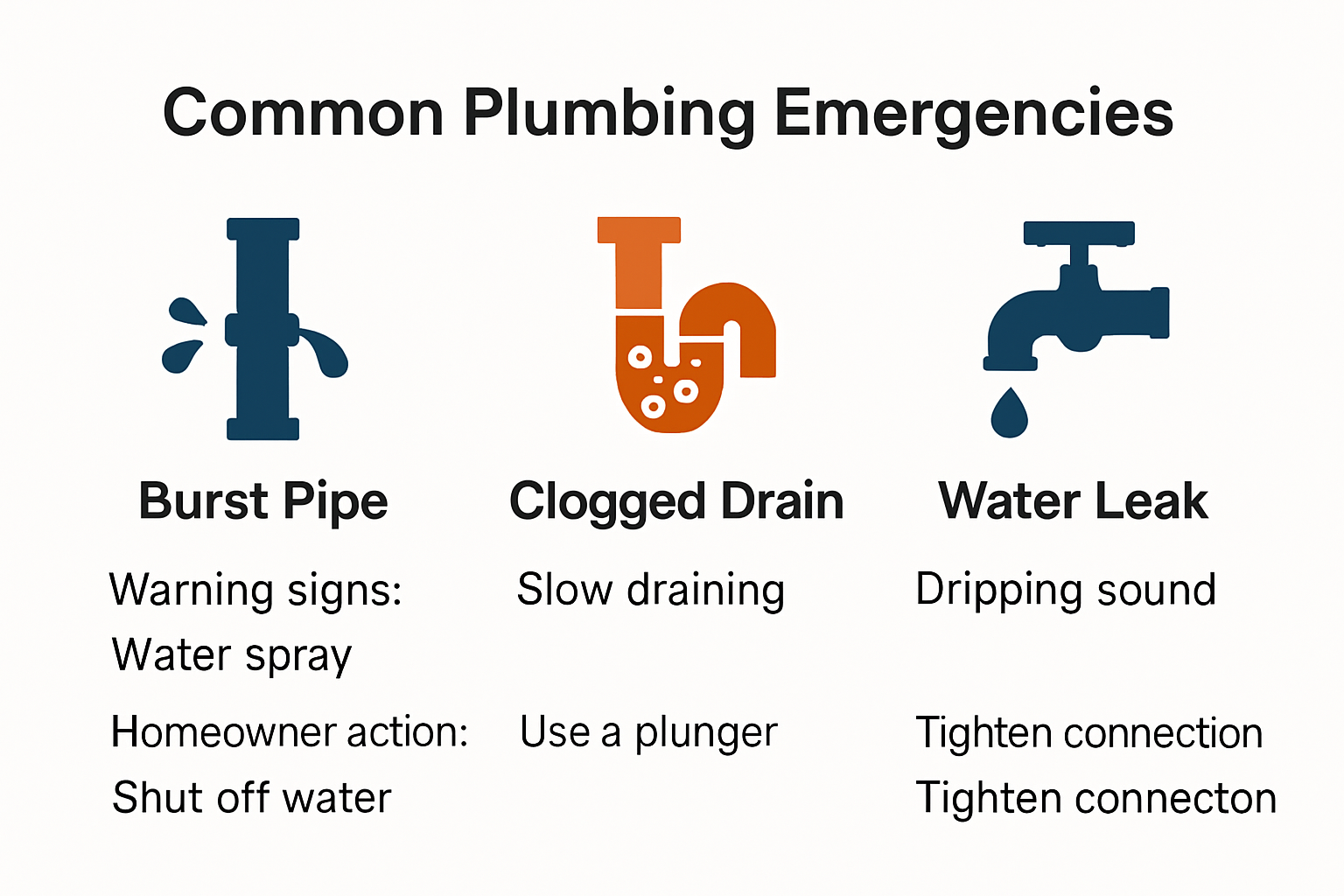Infographic showing plumbing emergencies and what to do