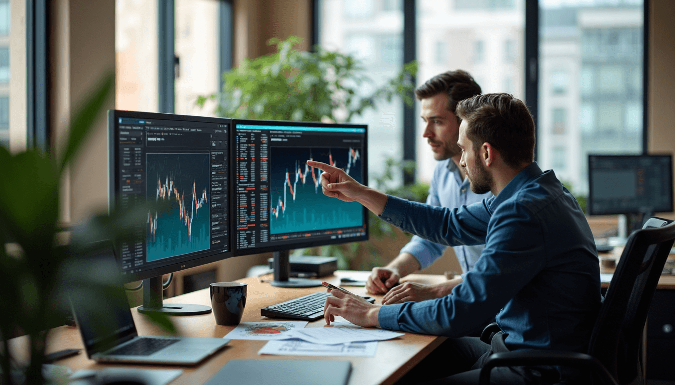Two traders review gold data in bright office