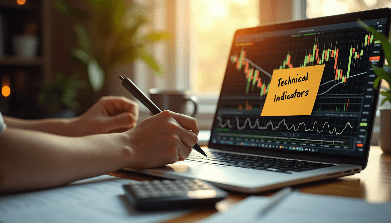 Gold trading laptop with technical charts and sunlight