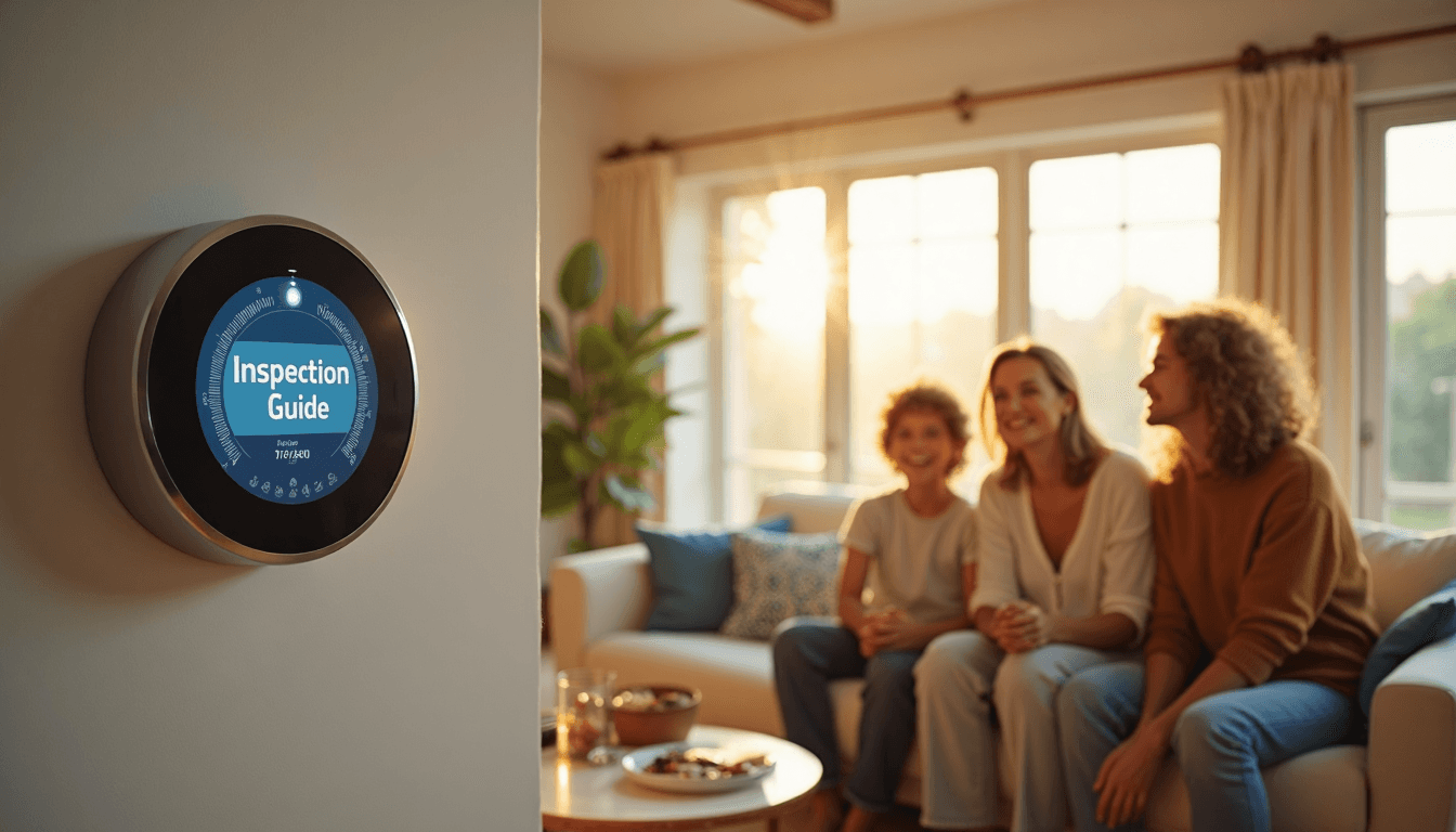 Texas family near smart thermostat displaying inspection guide