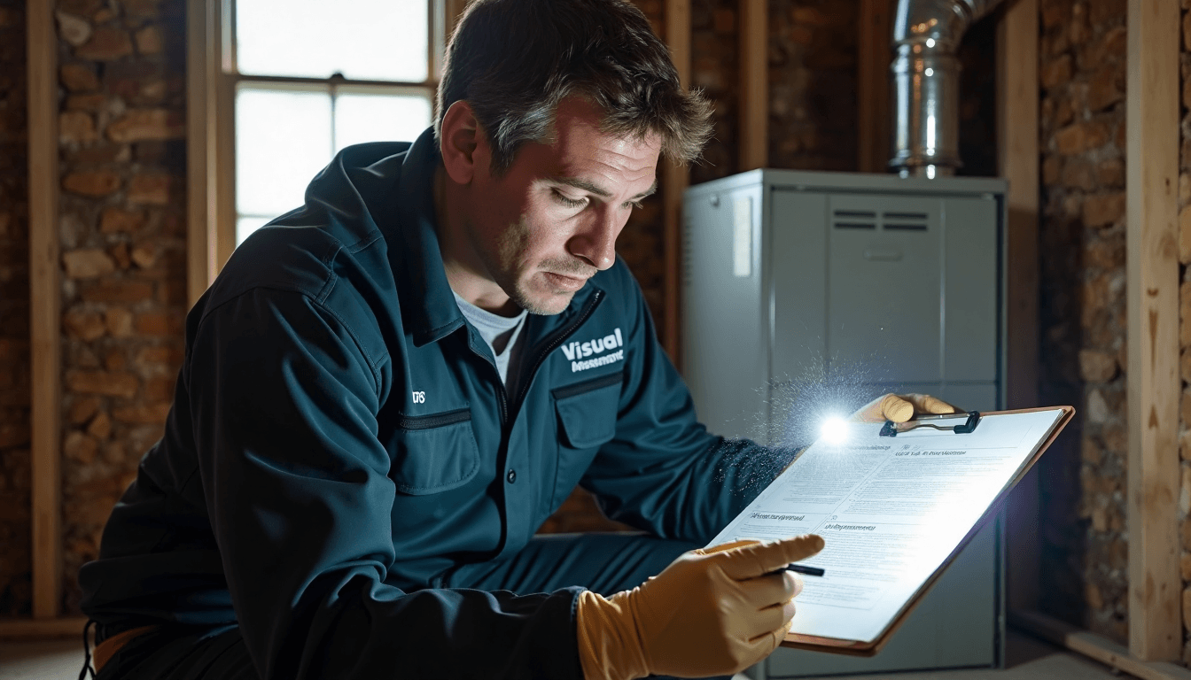 HVAC technician inspecting air ducts with labeled clipboard