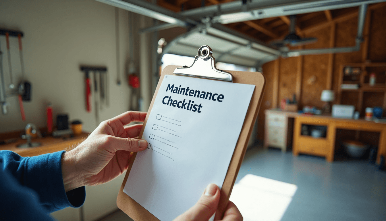 Homeowner checks garage door parts beside summer checklist in garage