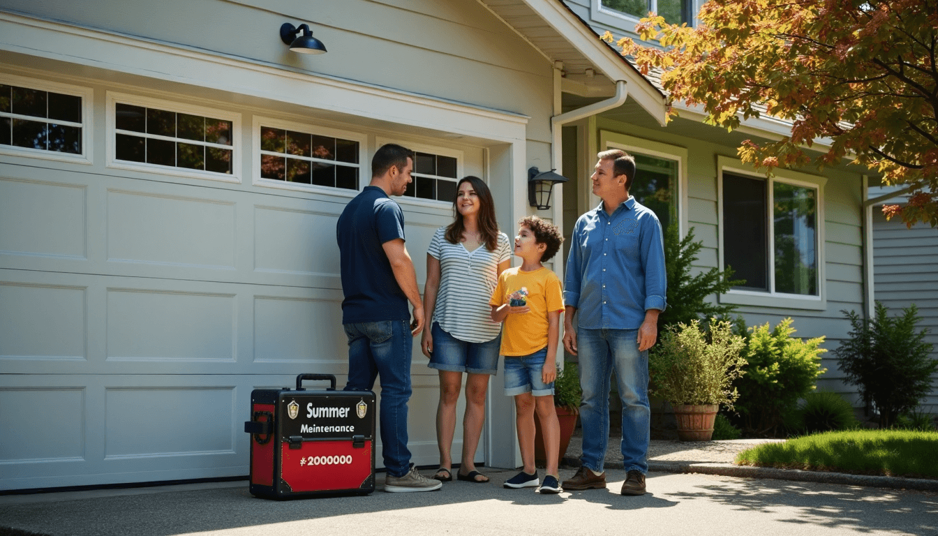 Seattle family and technician inspect garage door in summer sunlight