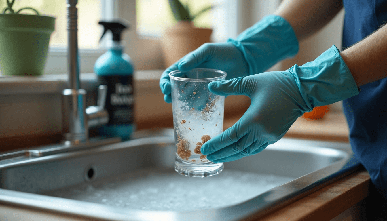 Hands holding clear pipe showing kitchen drain blockage debris over sink