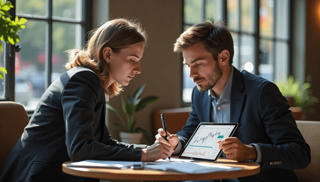 Professionals discussing gold price volatility with 'Market Volatility' on tablet screen