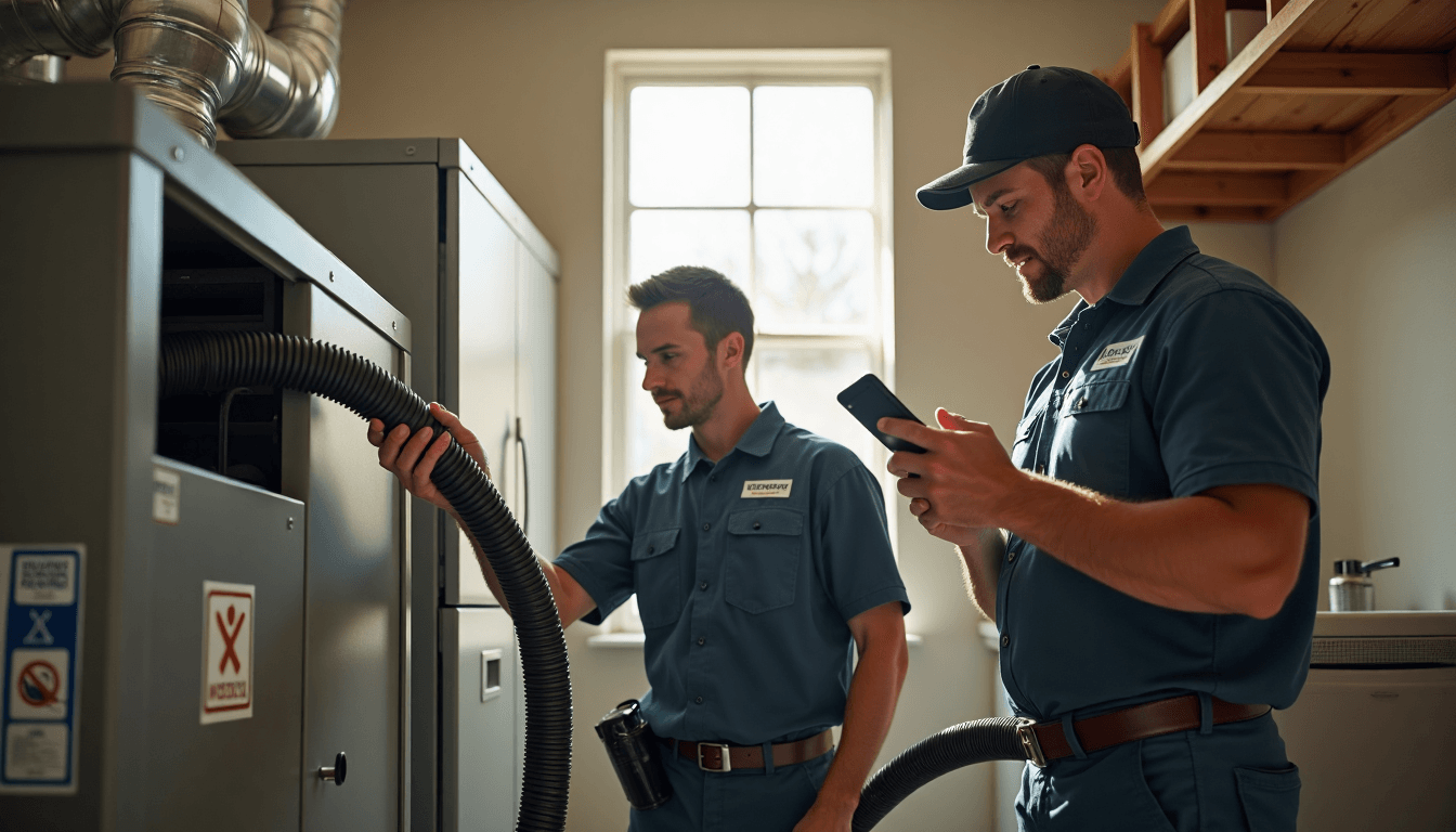 Technicians cleaning residential ducts with branded cleaning protocols sticker