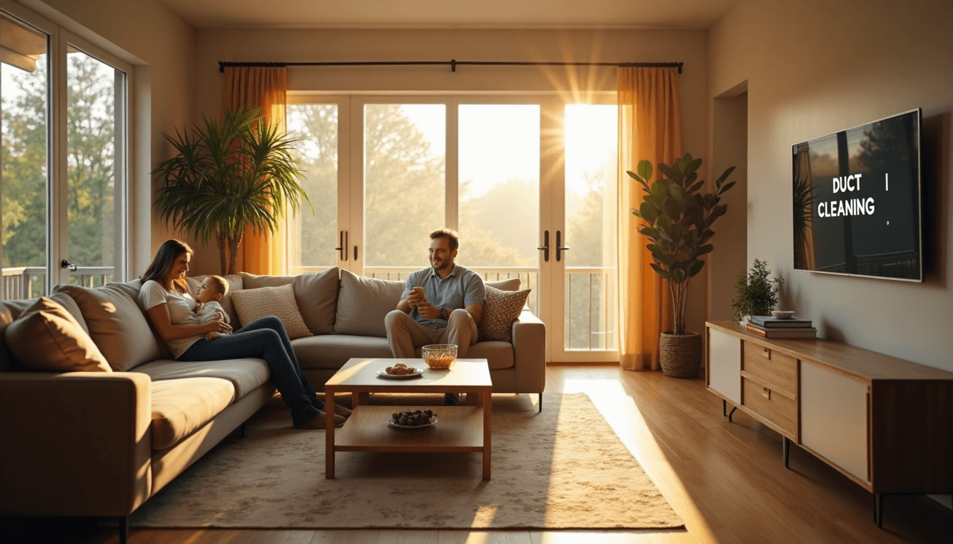 Family in Texas home with HVAC digital panel and duct cleaning banner