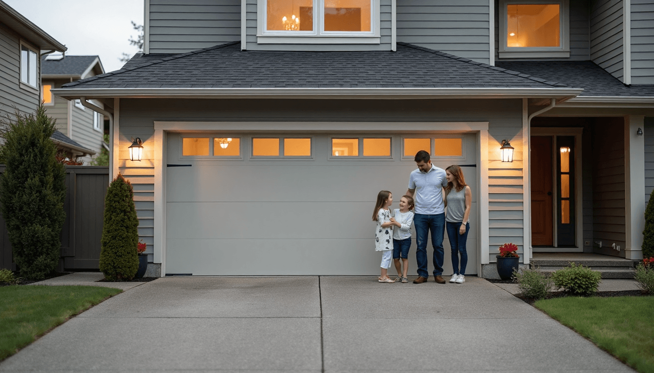 Family in driveway with modern Seattle overhead garage door