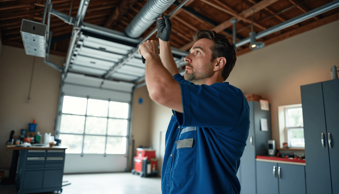 Technician inspecting torsion spring overhead door mechanism