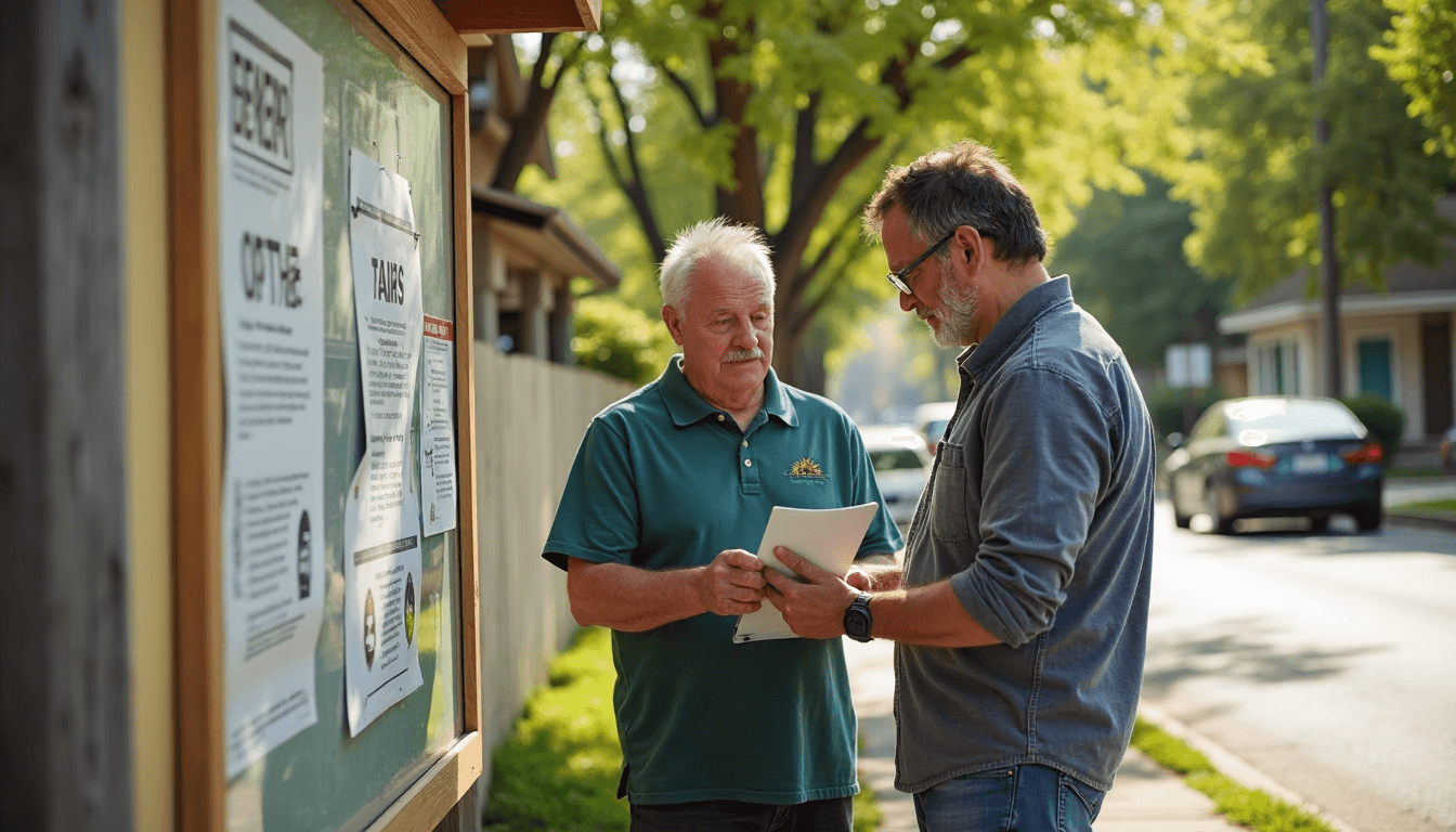 Two neighbors discuss repairing outdoor irrigation system