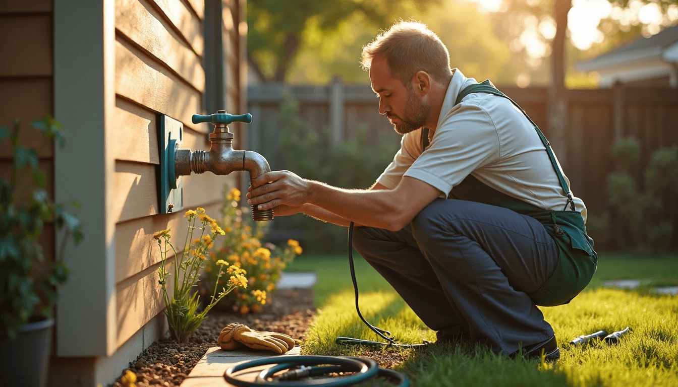 Homeowner inspecting backyard faucet for leaks at sunrise