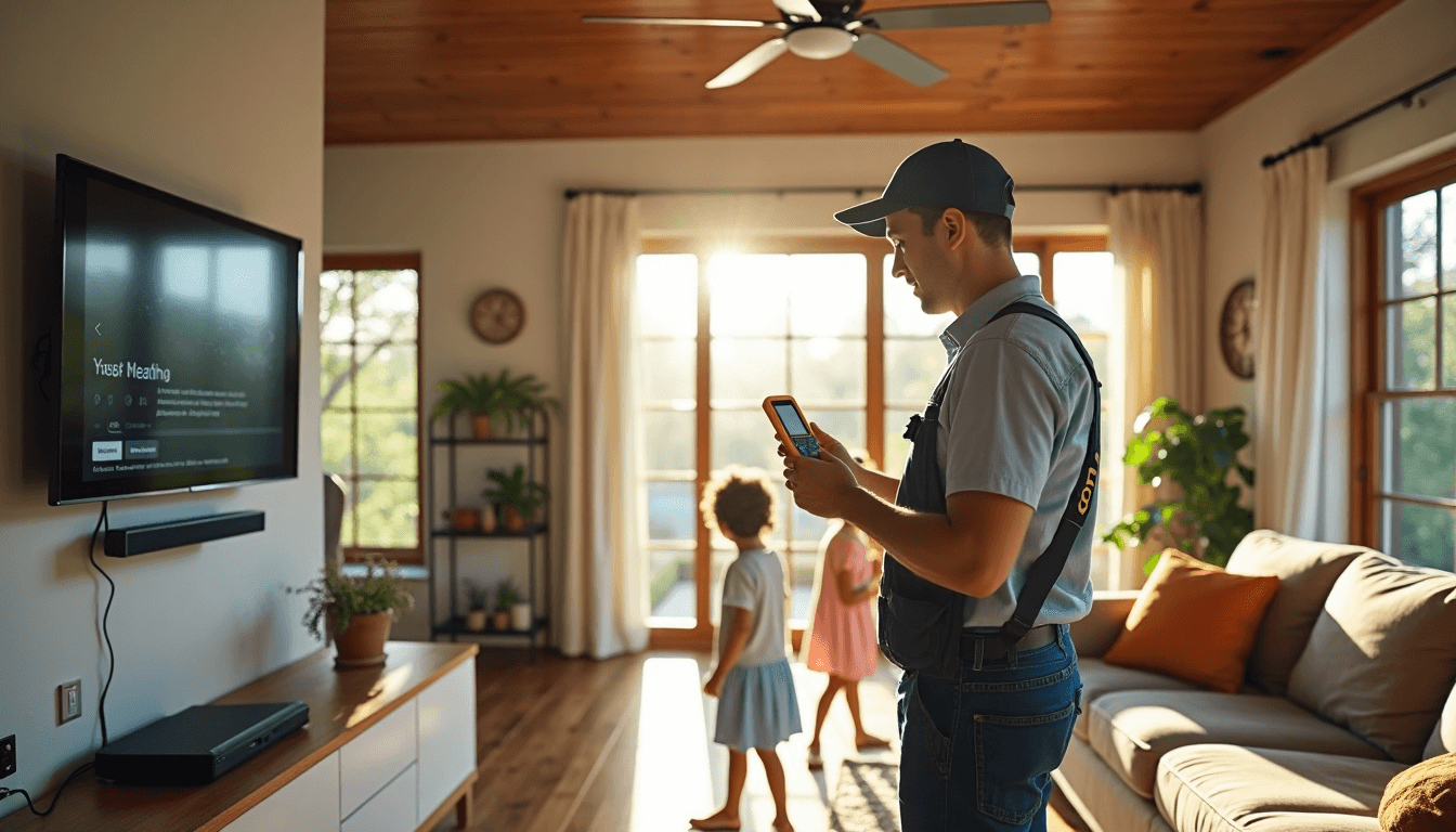 Technician explains duct inspection to Texas homeowner in sunlight
