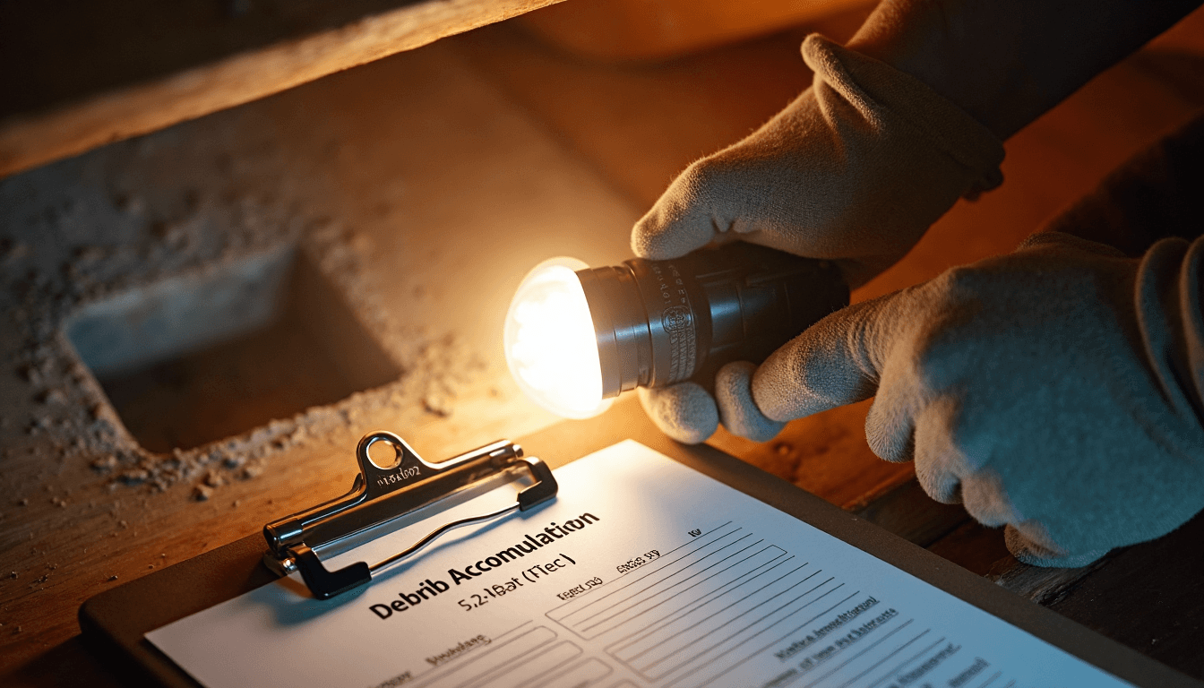 Gloved hands inspect dusty attic air duct with debris checklist
