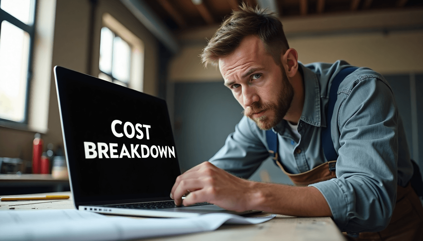 Craftsman installing steel garage door with cost breakdown overlay