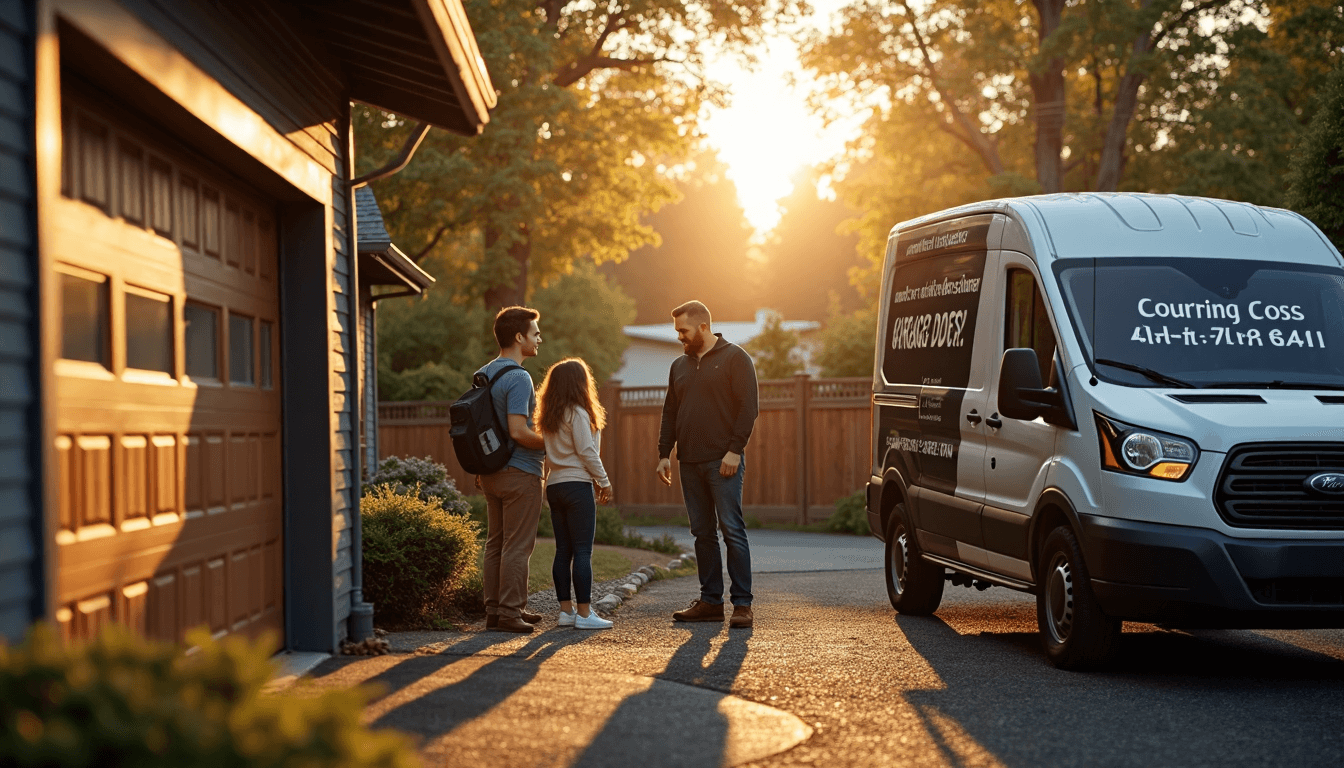 Family and technician outside Seattle home with garage door and cost banner