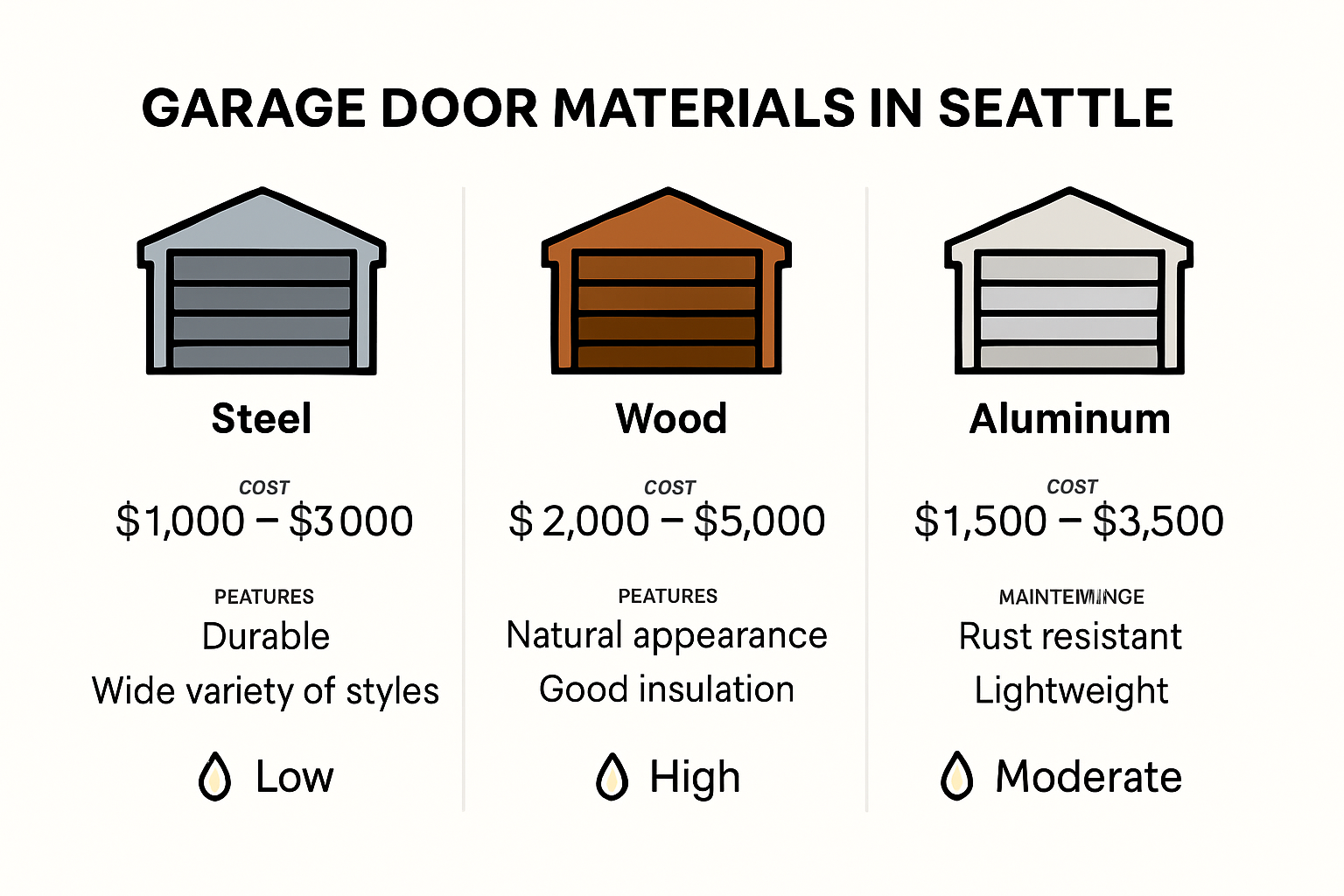 Comparison of garage door material costs and features